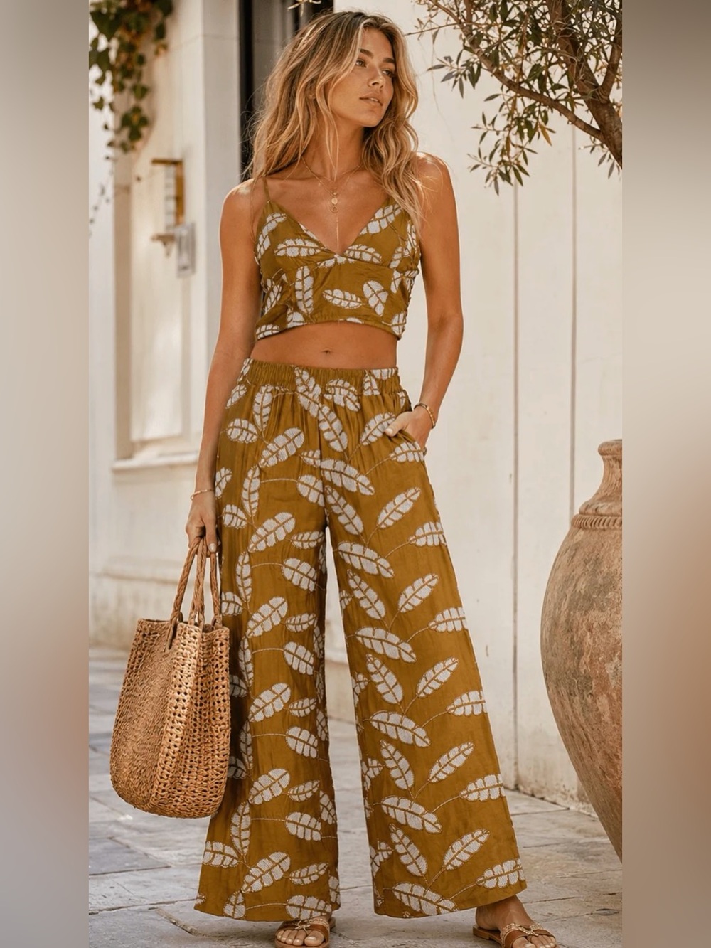Wide-Leg Leaf Print Pants Only - No Top Size Large NWOT